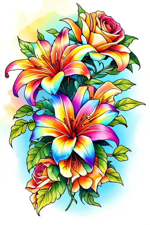 Rainbow Lillies And Roses Thigh Tattoo Design
