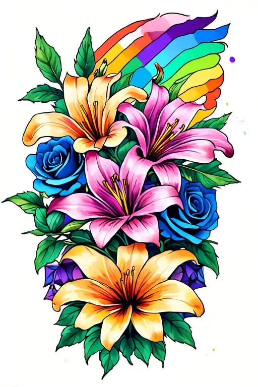 Rainbow Lillies And Blue Roses Thigh Tattoo Design