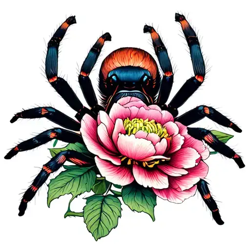 Tarantula Intertwined With A Peony Flower