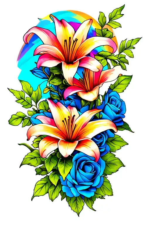 Rainbow Lillies And Blue Roses Thigh Tattoo Design