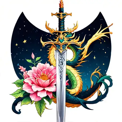 Dragon Wrapped Around A Sword With A Blooming Queen Of The Night Flower