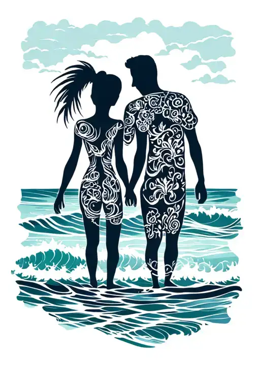 Family Silhouette On Beach With Waves