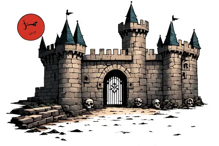 Castle Walls With A Gate Upfront With Skulls As The Castle Walls