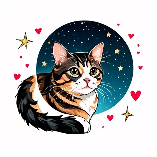 Cat Looking At The Moon Stars And Hearts