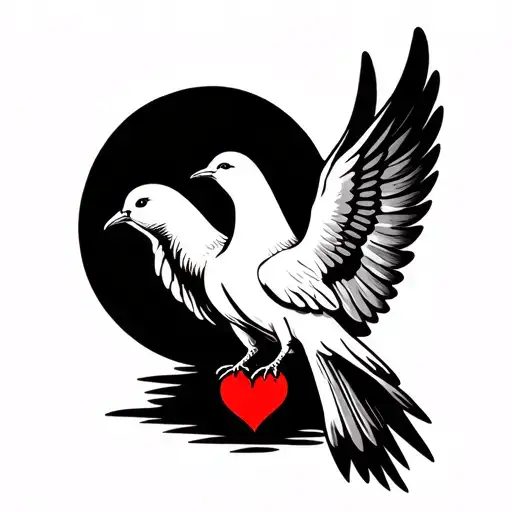 Dove Sitting With Wings Folded Black And White With A Red Heart On Middle Of Chest