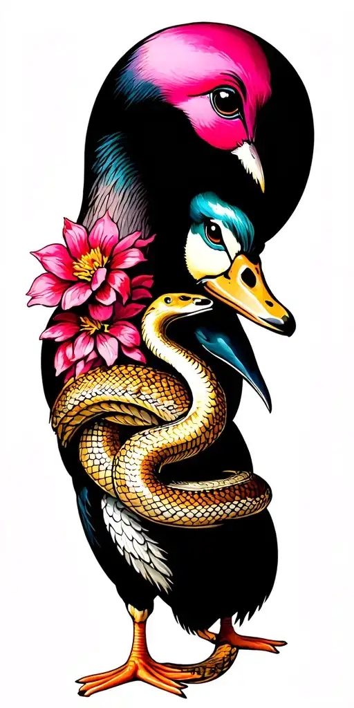 Duck With A Pink Head And A Snake With Flowers