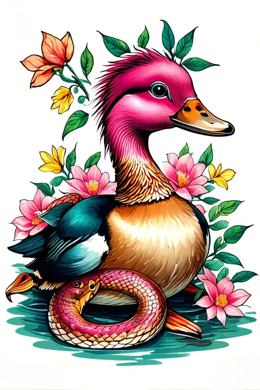 Duck With A Pink Head And A Snake With Flowers