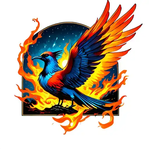 Firebird Flying Out Of Fire And Into Night Sky