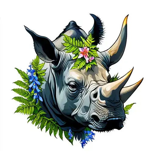 Rhino With Ferns And Larkspur Flower