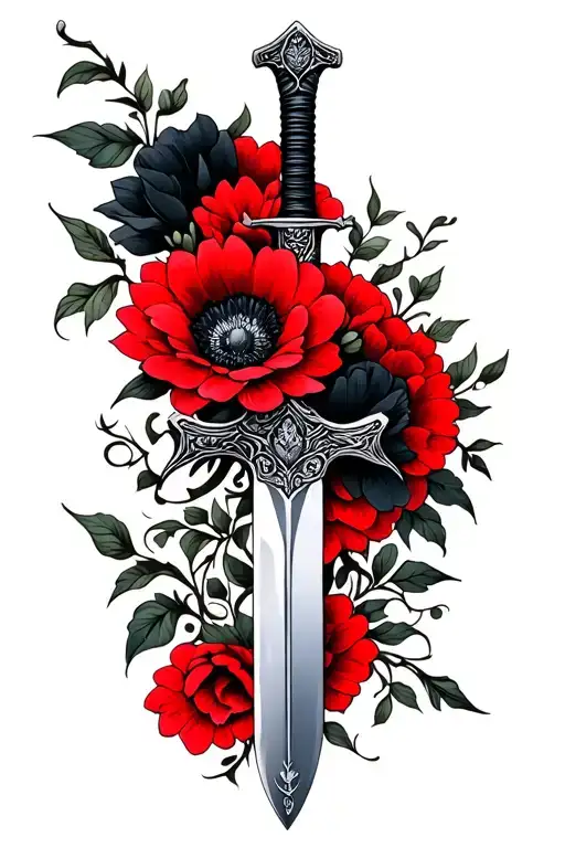 Sword With Black And Red Flowers Intertwined