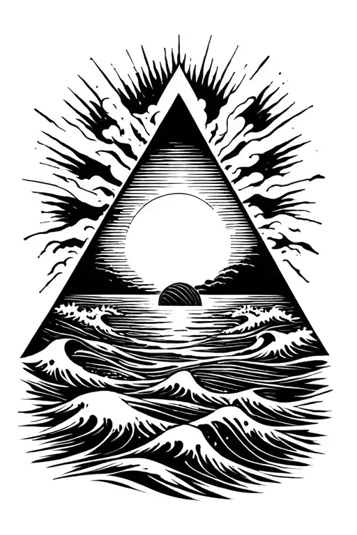 Sunrise With Waves And Balance And It Should Be Black And White And Inside A Triangle Shape
