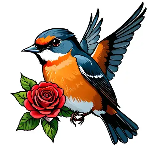 Flying Robin Holding A Rose