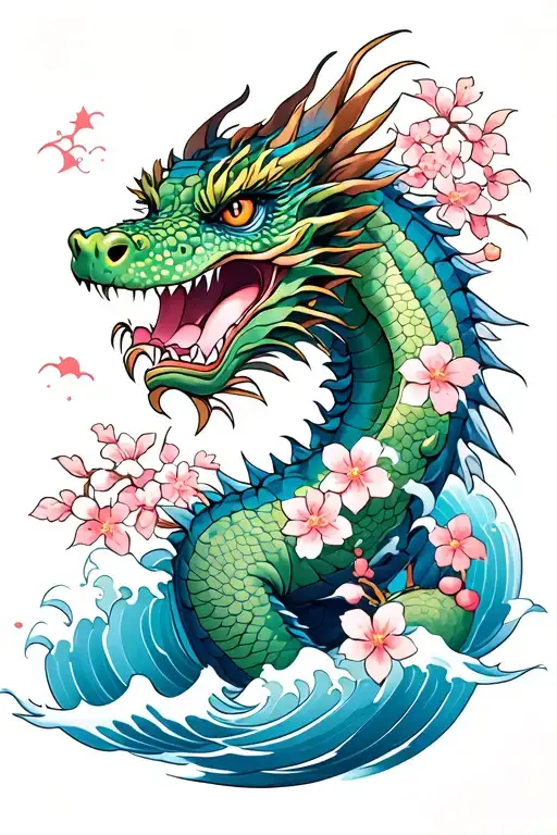Japanese Water Dragon With Cherry Blossoms And Waves