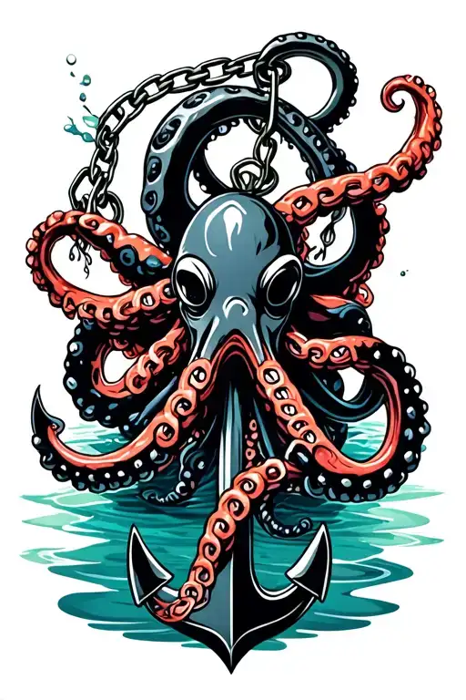 Black Octopus Wrapped Around Anchor In Water With Broken Chain