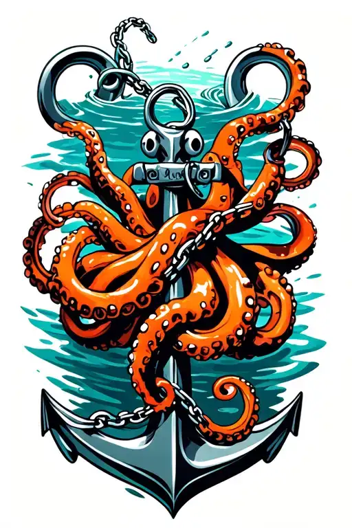 Black And Orange Octopus Wrapped Around Anchor In Water With Broken Chain