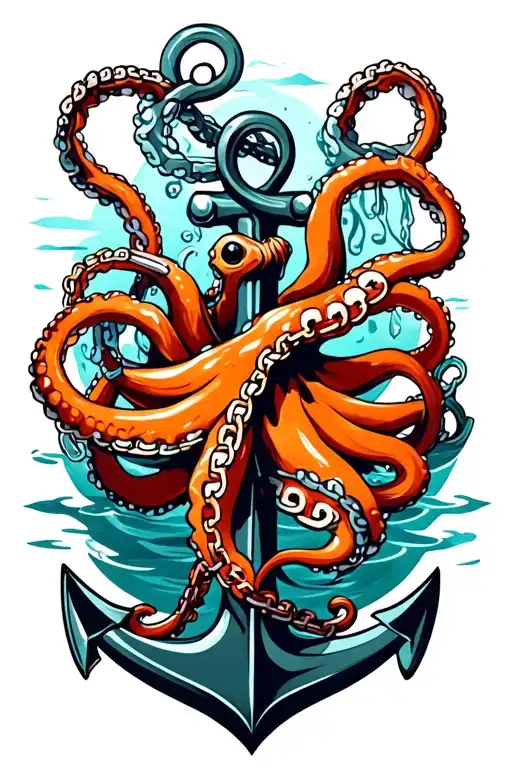 Black And Orange Octopus Wrapped Around Anchor In Water With Broken Chain