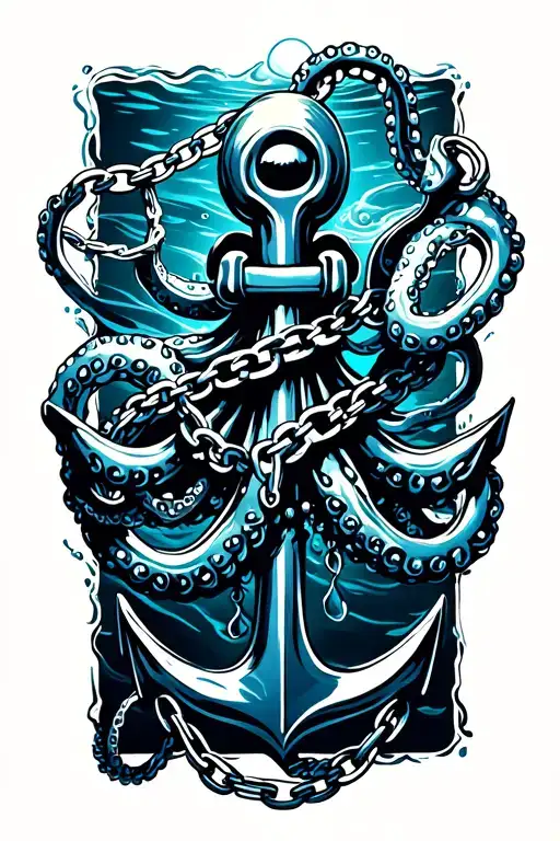 Black And Dark Blue Octopus Wrapped Around Anchor In Water With Broken Chain
