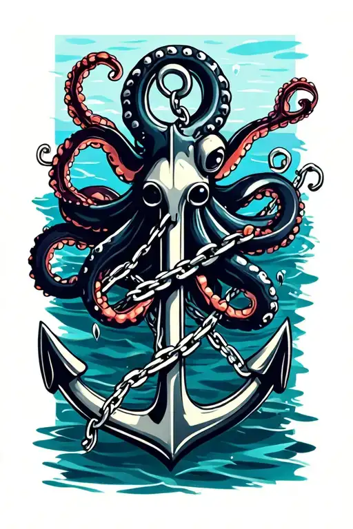 Black And Dark Blue Octopus Wrapped Around Anchor In Water With Broken Chain
