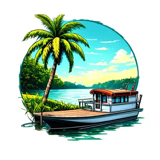 Queen Palm Tree By A Lake With Old Pontoon Boat At A Dock