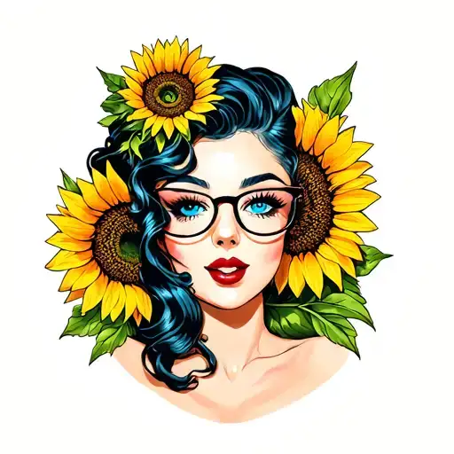 Pinup Girl With Glasses And Sunflowers