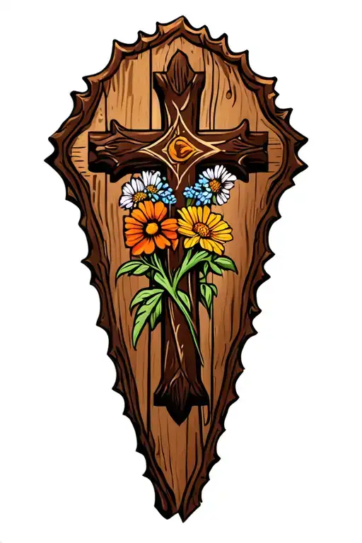 Rustic Wooden Cross With Wildflowers At The Base