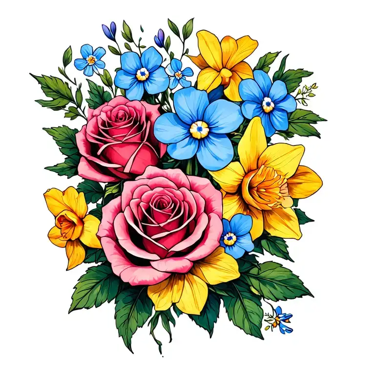 Roses Daffodils And Forget Me Nots