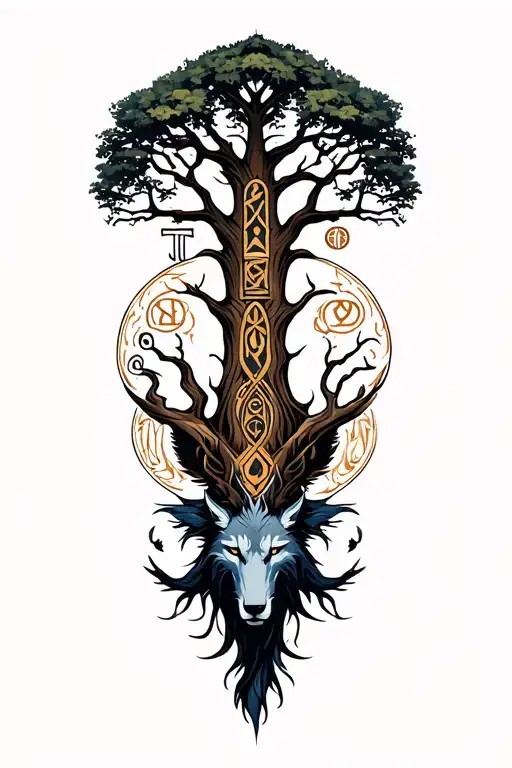 Yggdrasil Tree With Fenrir And Nordic Runes