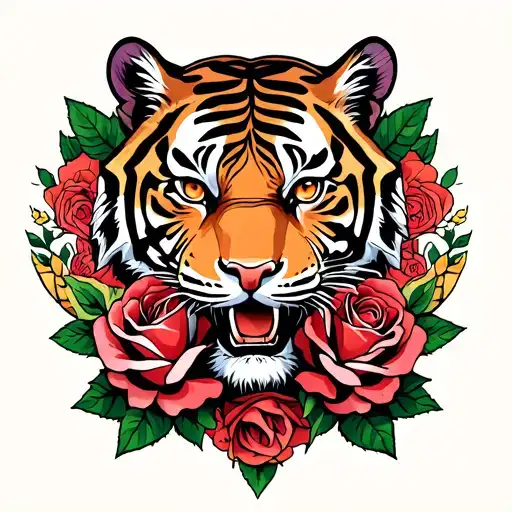 Tiger And Roses Entwined Together