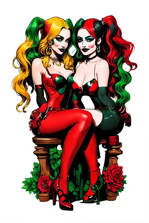 Harley Quinn And Poison Ivy Topless Pinup Girls Sitting