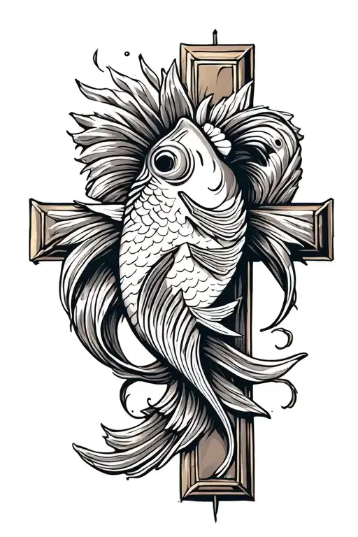 Cross With Christian Fish Symbol Intertwined