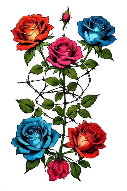 6 Roses Blooming With Barbed Wire Wrapped Around With Different Coloured Flowers