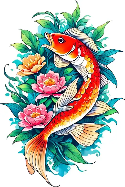 Flowers And Coy Fish