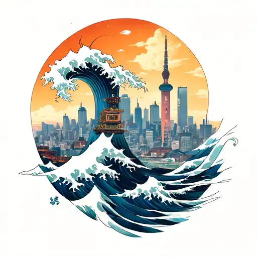 Starts From Space And Shanghai City Sky Line Mixed With Japanese Tatto Style Waves