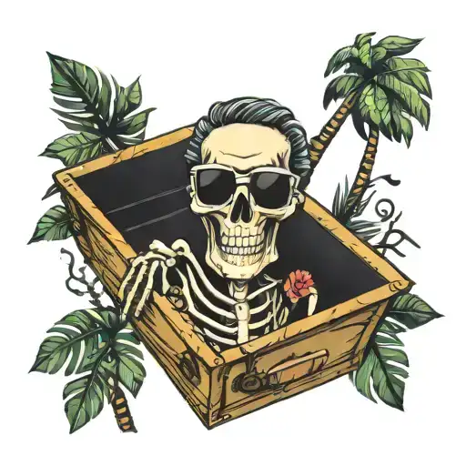 Skeleton Wearing Sunglasses And A Hawaiian Shirt Inside A Coffin