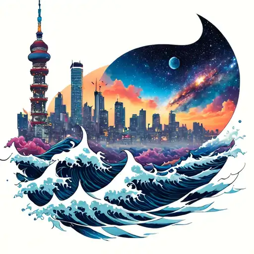 Galaxy And Starts From Space With Shanghai City Sky Line Mixed With Japanese Tatto Style Waves