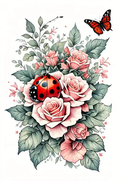 Ladybug And Roses And Butterflies