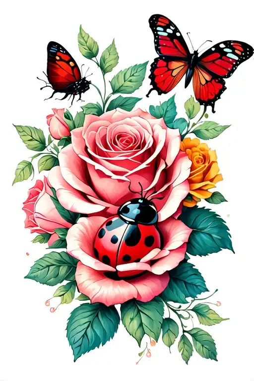 Ladybug And Roses And Butterflies