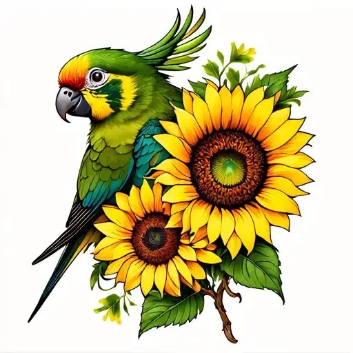 Green Cheek Conure And Sunflower Intertwined