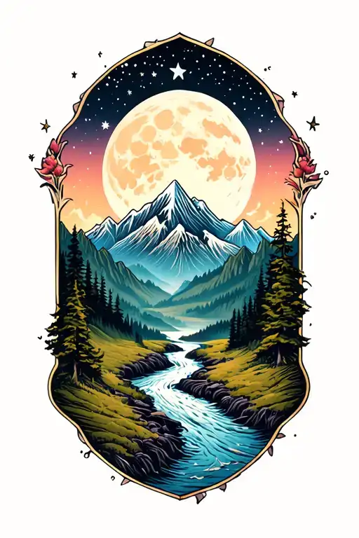 Mountain Range With A Winding River With Big Moon And Stars