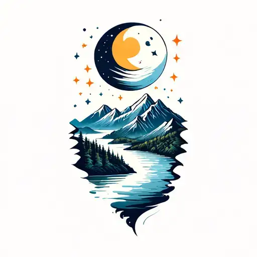 Mountain Range With A Winding River With Big Moon And Stars