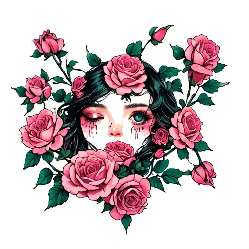 Dovushka Against The Background Of Pink Roses On Bushes With Small Tears Near The Eyes