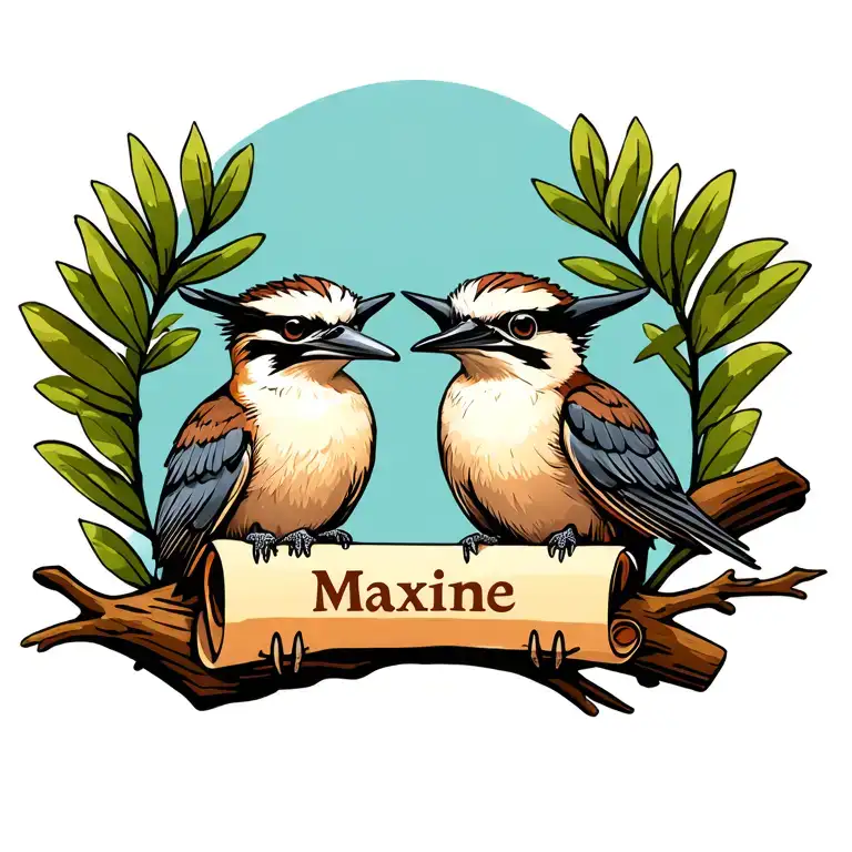 Two Kookaburras Sitting On A Branch Holding A Scroll With The Name Maxine