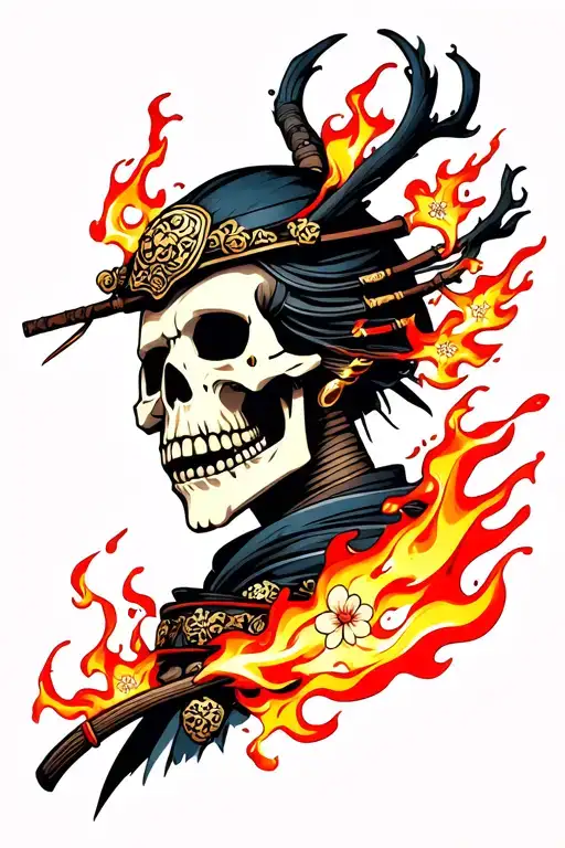 Skeleton Samurai Face With Flames Coming Out It's Eyes And Mouth And Burning Cherry Blossoms