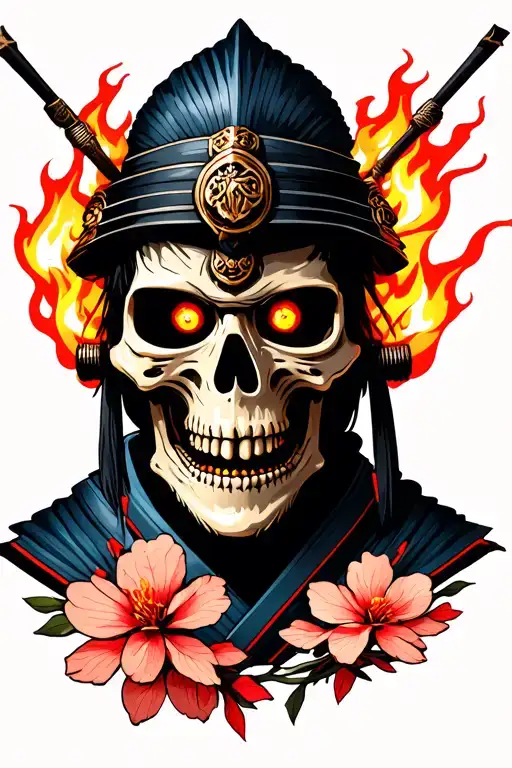 Skeleton Samurai Face With Flames Coming Out It's Eyes And Mouth And Burning Cherry Blossoms