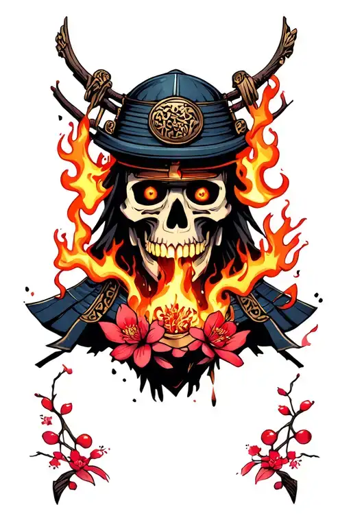Skeleton Samurai Face With Flames Coming Out It's Eyes And Mouth And Burning Cherry Blossoms
