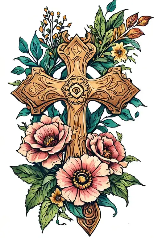 Cross With Flowers And Hal E Neal On The Right Side View