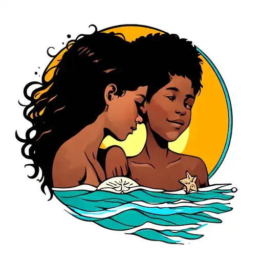 Mother And Two Sons Symbol With Ocean Beach Theme And Sand Dollar