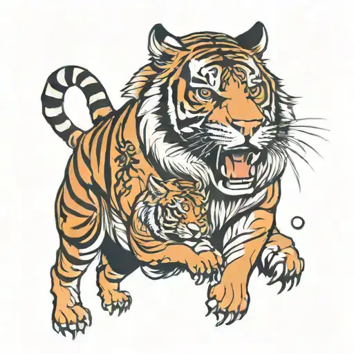 Tiger Hovering Over Ox And Pig In Protection