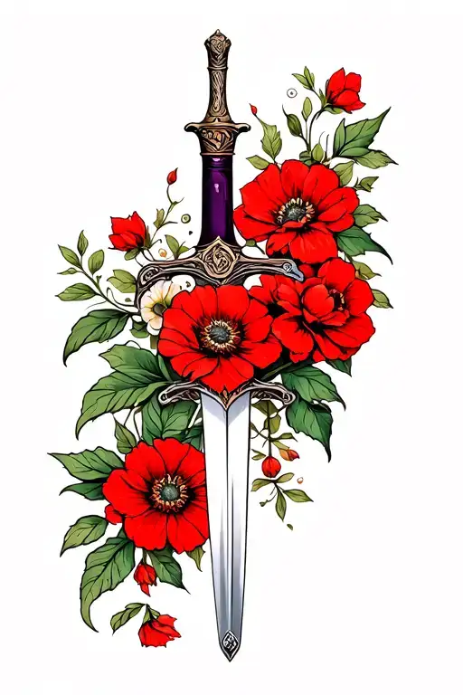 A Wine Of Red Middlemist Flowers Twisting Around A Sword