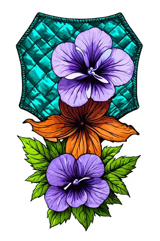Memorial Tattoo With Teal Quilt Patch And African Violet Flower